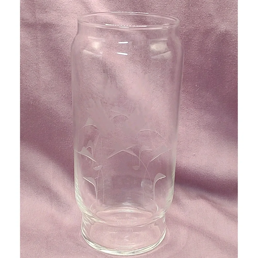 Vintage Clear Glass Vase Etched‎ Wheat Both Sides Cylinder Seven Inches 1970s